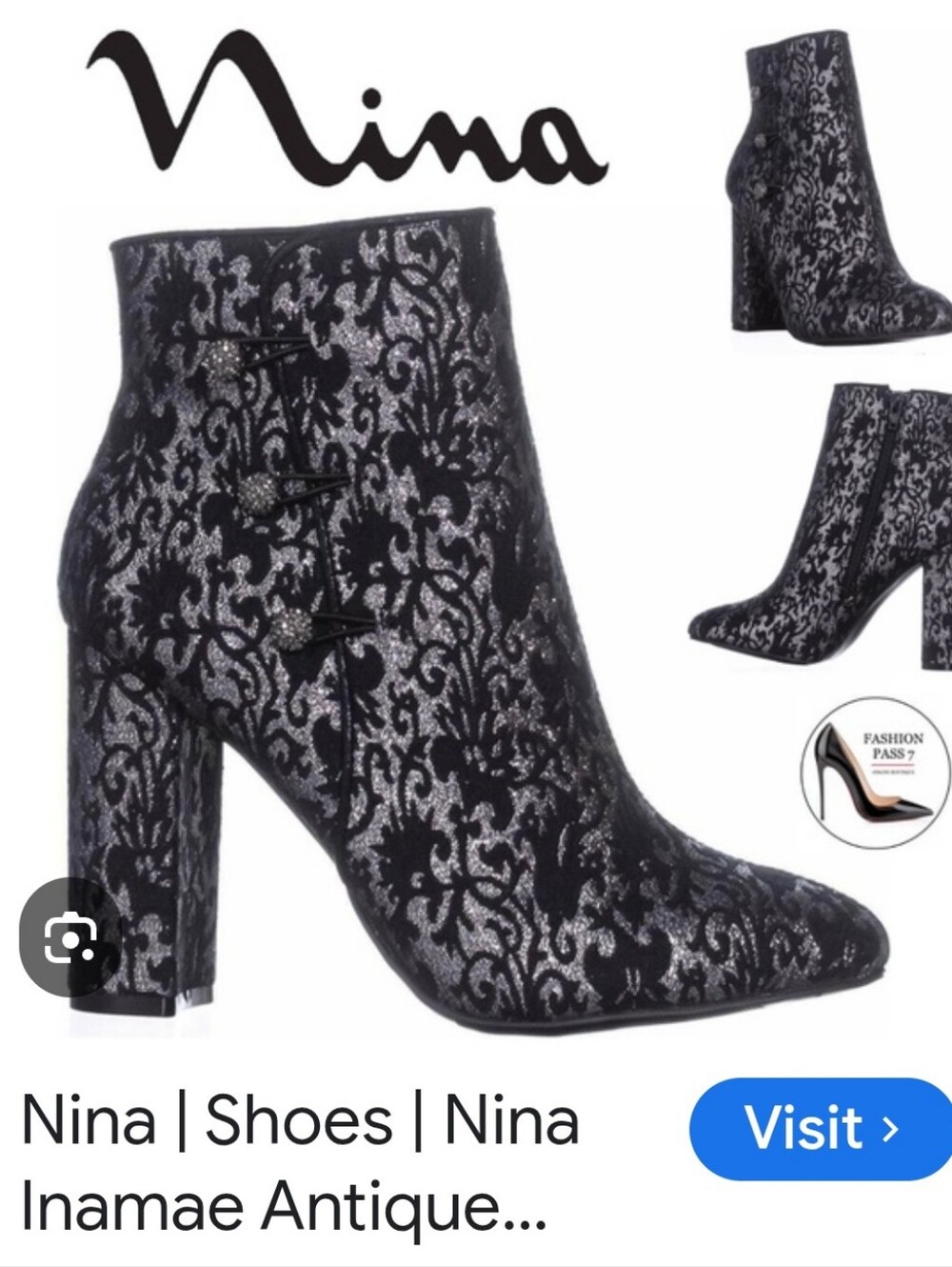 Nina Inamae Antique Black & Silver Ankle Boots  Women's Size 8M